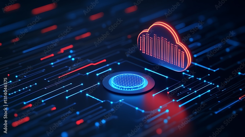 Poster futuristic cloud technology with data visualization and circuit patterns in neon colors