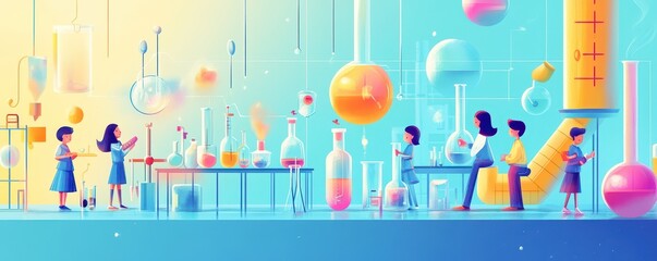 Obraz premium In a bright science lab filled with glass beakers and test tubes, a diverse group of people in lab coats stands engaged in discussion, surrounded by scientific equipment and colorful liquids.