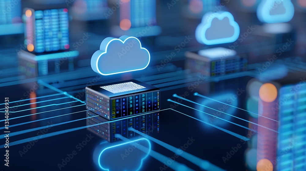 Poster futuristic data center with cloud technology and server stack for digital infrastructure and cloud c