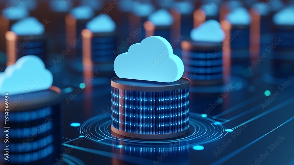 Poster futuristic data storage and cloud computing concept with digital servers and light effects