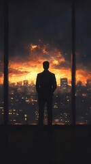 Fototapeta premium Man deep in thought at high-rise office window during sunset