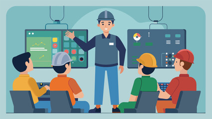 An instructor teaching a group of technicians how to safely operate the turbine controls and perform emergency shutdown procedures.. Vector illustration