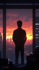 Fototapeta premium Man deep in thought at high-rise office window during sunset