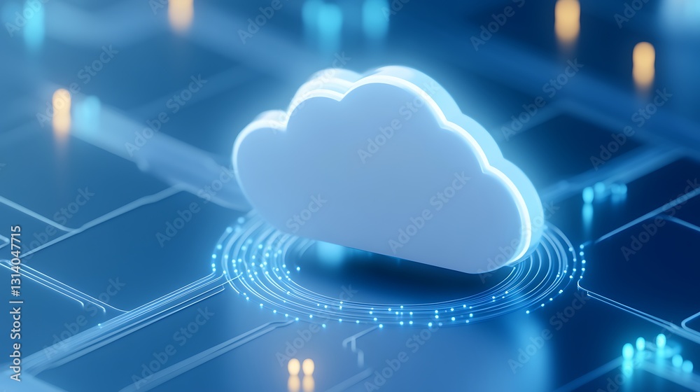 Poster futuristic digital cloud computing concept on circuit board with glowing elements and data connectio