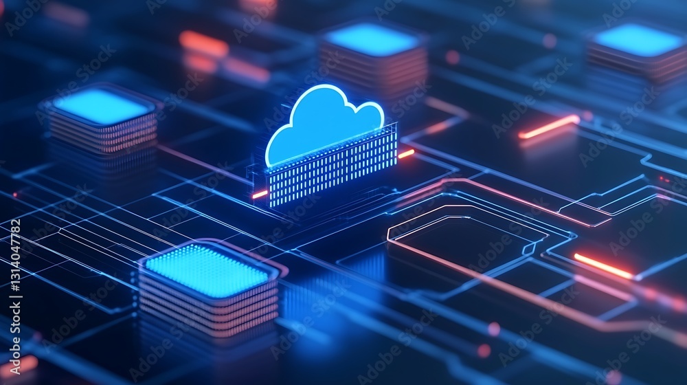 Poster futuristic digital cloud computing concept with neon circuit board and data streams representation