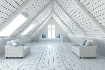 Obraz premium Elegant Attic Interior with White Wooden Structure and Contemporary Furnishings