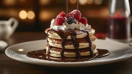 Delicious pancakes topped with whipped cream, fresh berries, and chocolate sauce.