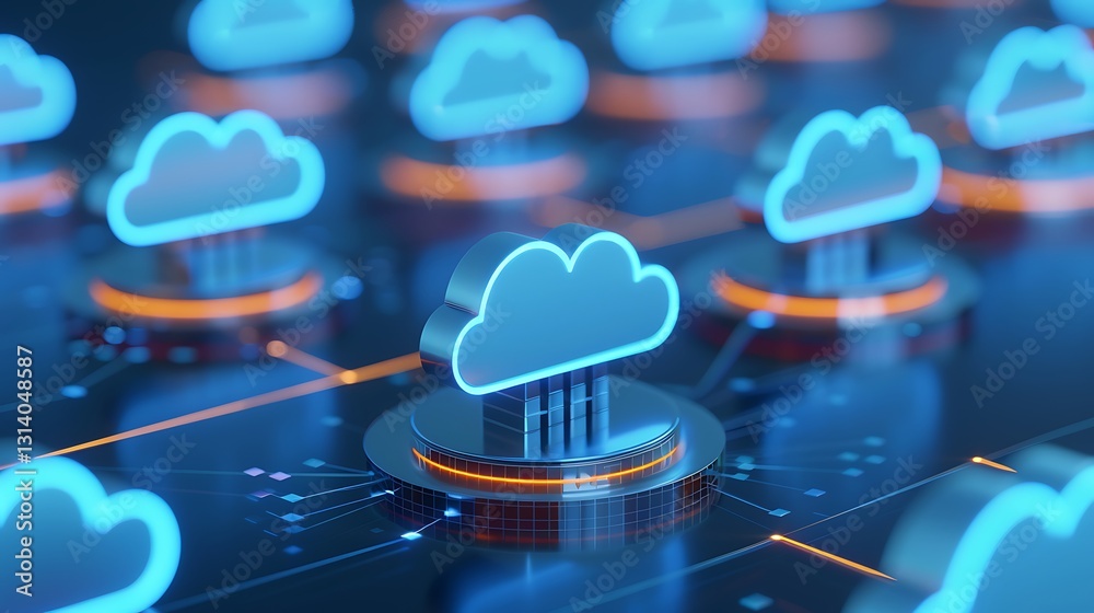 Poster futuristic digital cloud network with glowing icons representing data storage and cloud computing te