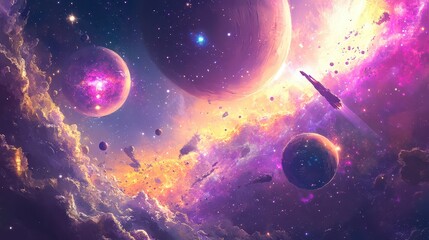 A breathtaking night sky filled with numerous vibrant planets, each showcasing unique colors and textures, surrounded by a dazzling array of twinkling stars that illuminate the darkness.