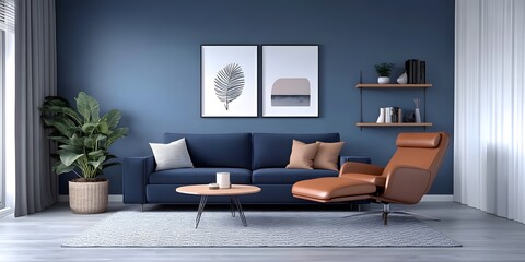 Scandinavian living room design featuring dark blue sofa and recliner chair cozy apartment interior decor modern style