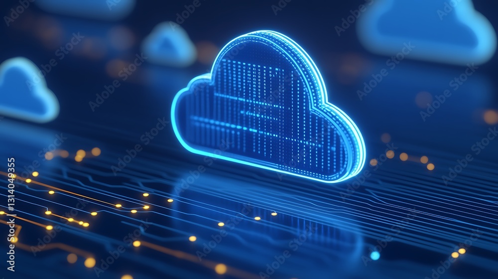 Sticker futuristic digital cloud with data streams and blue neon lights on circuit board background