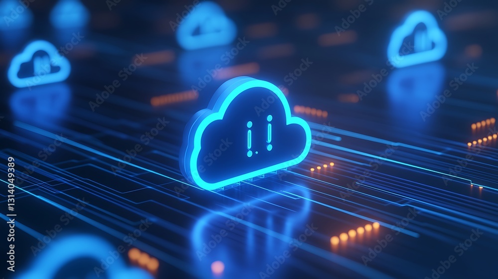 Poster futuristic digital clouds with neon glow and data stream background for technology and cloud computi