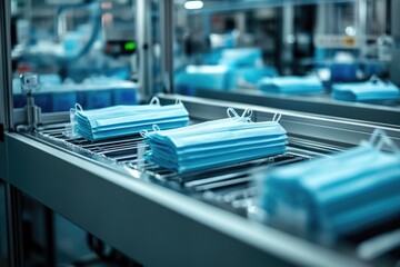Fototapeta premium Face Mask Production Line: Close-up of Blue Surgical Masks on Conveyor Belt in Factory