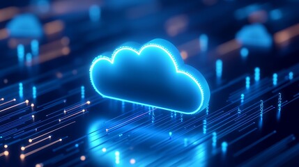 Futuristic Glow Cloud Icon with Digital Data Streams in a Modern Technology Background