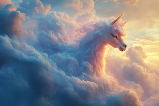 Luminous llama clouds create a whimsical pastel skyline at sunset - Powered by Adobe