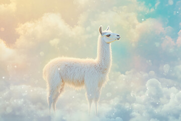 Weightless pastel llama in a serene, dreamlike landscape filled with soft clouds and gentle colors