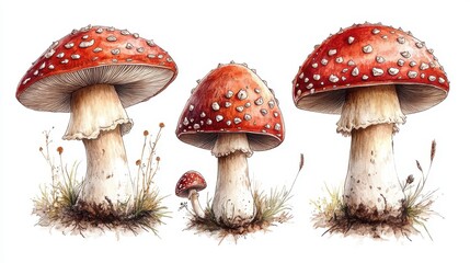 red and white mushrooms isolated,cartoon illustration style