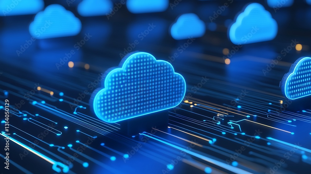 Poster Futuristic Visual of Digital Cloud Storage with Neon Lights and Circuit Patterns in a Tech Environment