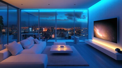 Modern living room with city skyline view at night