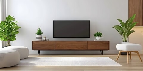 Stylish living room interior mock-up featuring tv cabinet modern home digital art cozy environment wide angle view