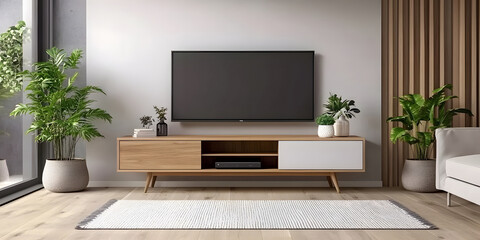 Modern living room interior design with tv cabinet and greenery contemporary space stylish atmosphere