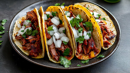 Four Delicious Tacos with Cilantro and Onions on a Dark Rustic Plate