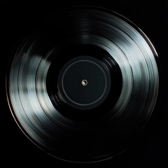 spinning black vinyl record against a dark background. The glossy surface reflects light, creating a dynamic effect, symbolizing nostalgia, music, and vintage audio technology