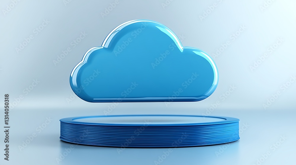 Poster glossy blue cloud icon with circular base on soft gradient background for digital concept visualizat