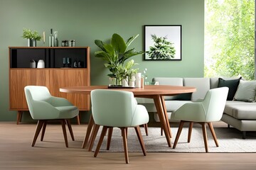 Fototapeta premium Elegant mint color chairs surrounding round wooden dining table in stylish room with green accents