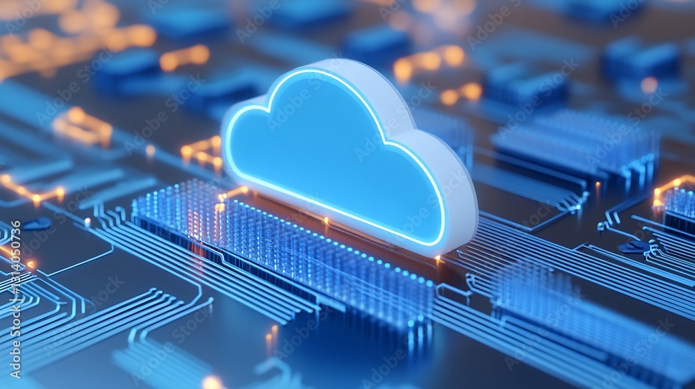 Poster glowing cloud icon over circuit board design representing digital data storage and technology concep