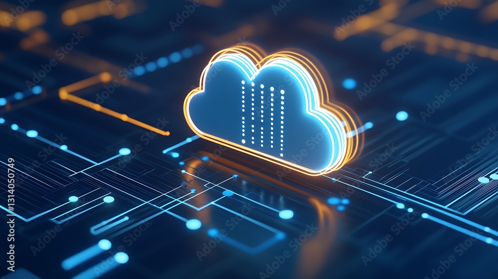 Poster glowing cloud icon surrounded by digital binary data and circuit pattern in blue and orange colors