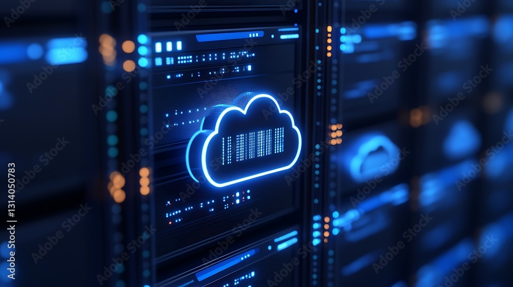 Poster glowing cloud icon with digital data on server background representing modern cloud computing techno