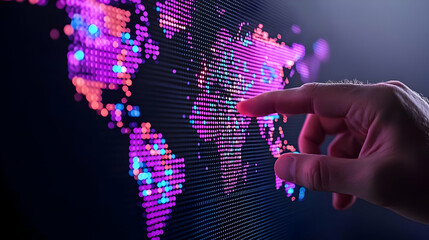Hand Touching Digital Map on Dark Background with Neon Colors