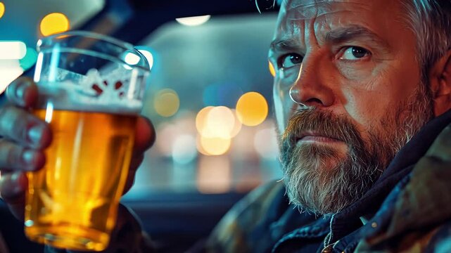 A drunk driver was stopped by the police.  A drunk driver who is sipping beer.  Driving while intoxicated