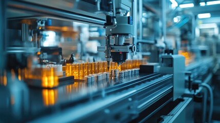 Automated Production Line: Robotic Arm Assembling Amber Glass Bottles
