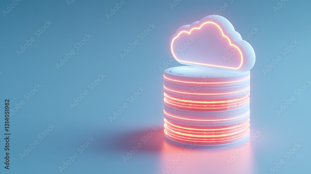 Poster modern cloud computing concept with 3d cloud icon above circular storage platform in soft lighting