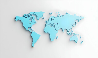Detailed 3D Map of the World in Light Blue Color on White Background
