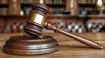 Wooden gavel on sound block in courtroom.