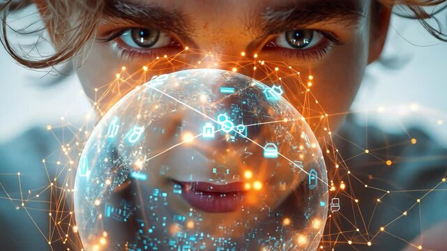 Data seer: A visionary person peers intently into a glowing orb filled with data symbols, embodying the digital age's mystique and the power of insight.