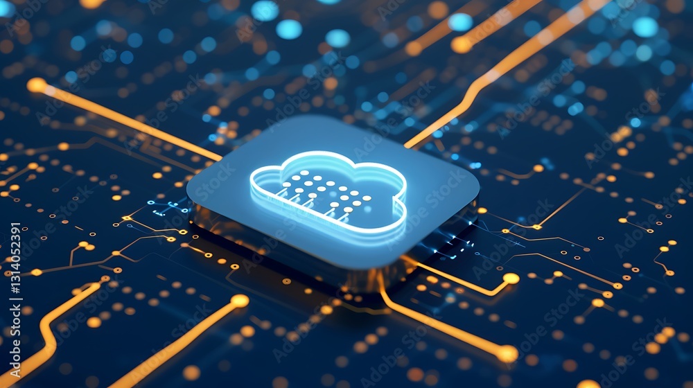 Poster modern cloud computing concept with circuit pattern and glowing icon on dark blue background