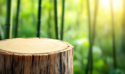 Naklejka premium Empty tree stump product display with sunlit bamboo forest background