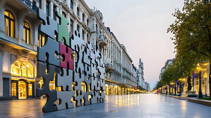 Fototapeta premium Colorful Geometric Sculpture Illuminated At Dusk On A Quiet European City Street With Elegant Historical Buildings