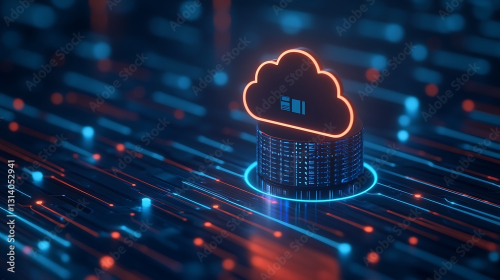 Poster modern cloud computing concept with data stream and neon lights in futuristic digital environment