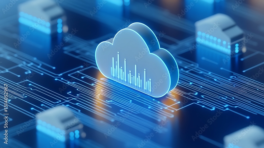 Poster modern cloud computing concept with data visualization and digital network connections in blue backg