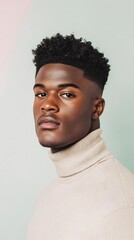 Obraz premium African American male model in pastel beige turtleneck against pastel mint-ivory background