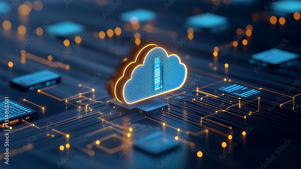 Poster modern cloud computing concept with digital connections and data streams representing virtual storag