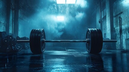 Modern gym room featuring barbell on floor surrounded by fitness equipment and bright lighting for workout motivation