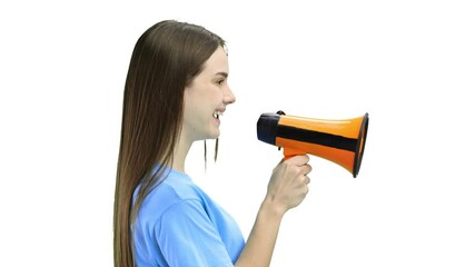 Woman, close-up, on a white background, with a megaphone - Powered by Adobe