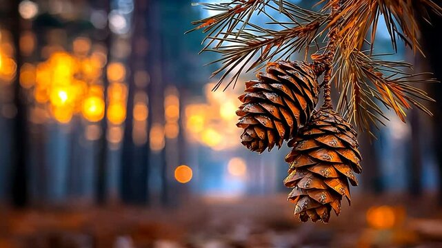 Autumnal Forest: Two Pine Cones on a Branch at Sunset