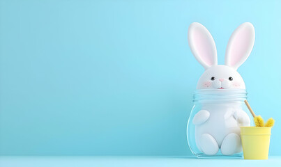 Obraz premium Cute Bunny in a Jar with Yellow Flowers on a Soft Blue Background